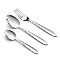 Glossy stainless steel cutlery set—spoon, fork, and teaspoon—displayed cleanly on bright white background.