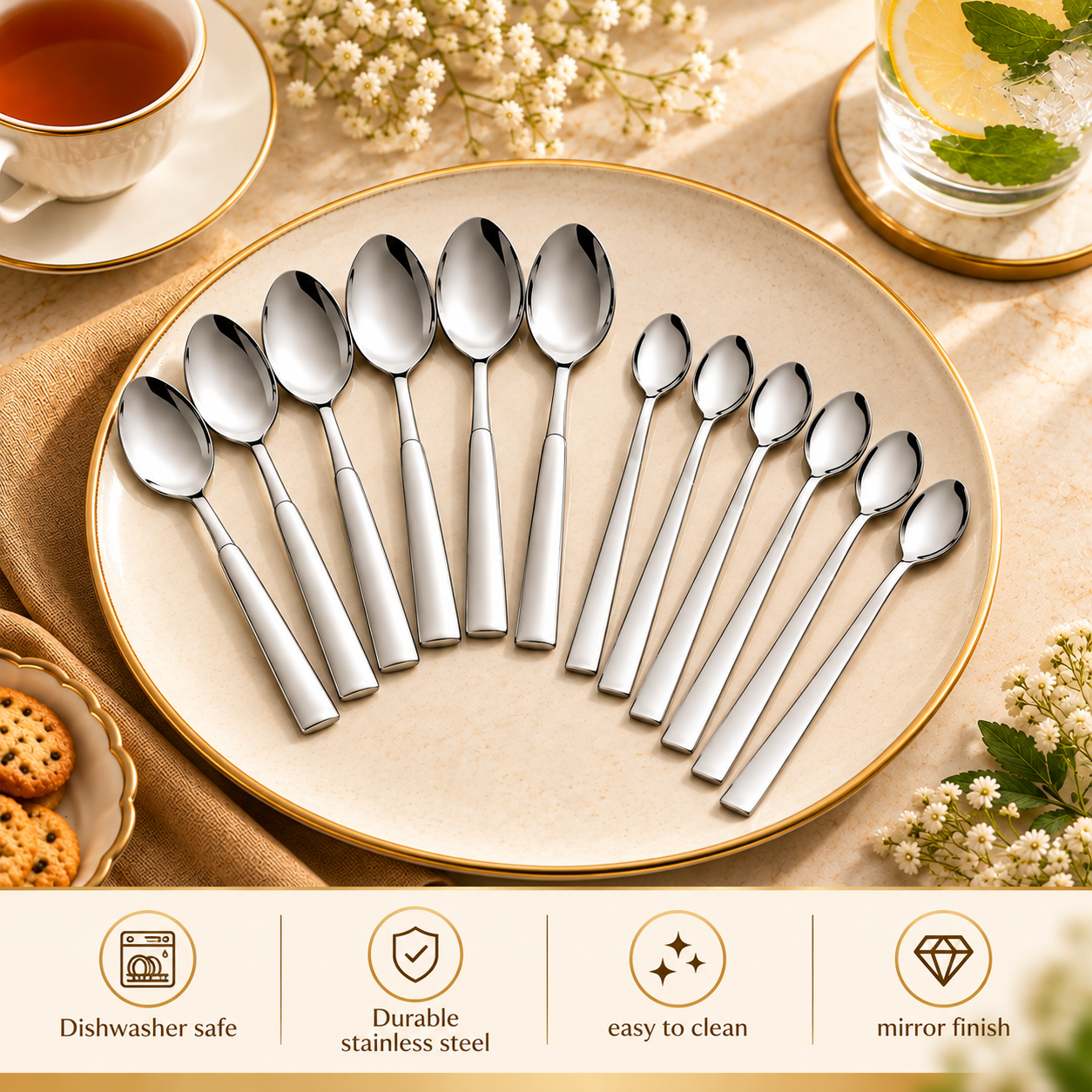 Montavo Lisbon Teaspoon & FnS Slim Line Long Drink Spoon Combo Set (12 Pcs)