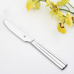 Elegant stainless steel dinner knife with mirror finish and tapered handle displayed on white marble surface beside fresh yellow orchid flowers.