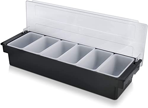 Empty six-compartment condiment organizer with black base, white inserts, and clear hinged lid partially open on white background