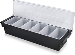 Empty six-compartment condiment organizer with black base, white inserts, and clear hinged lid partially open on white background