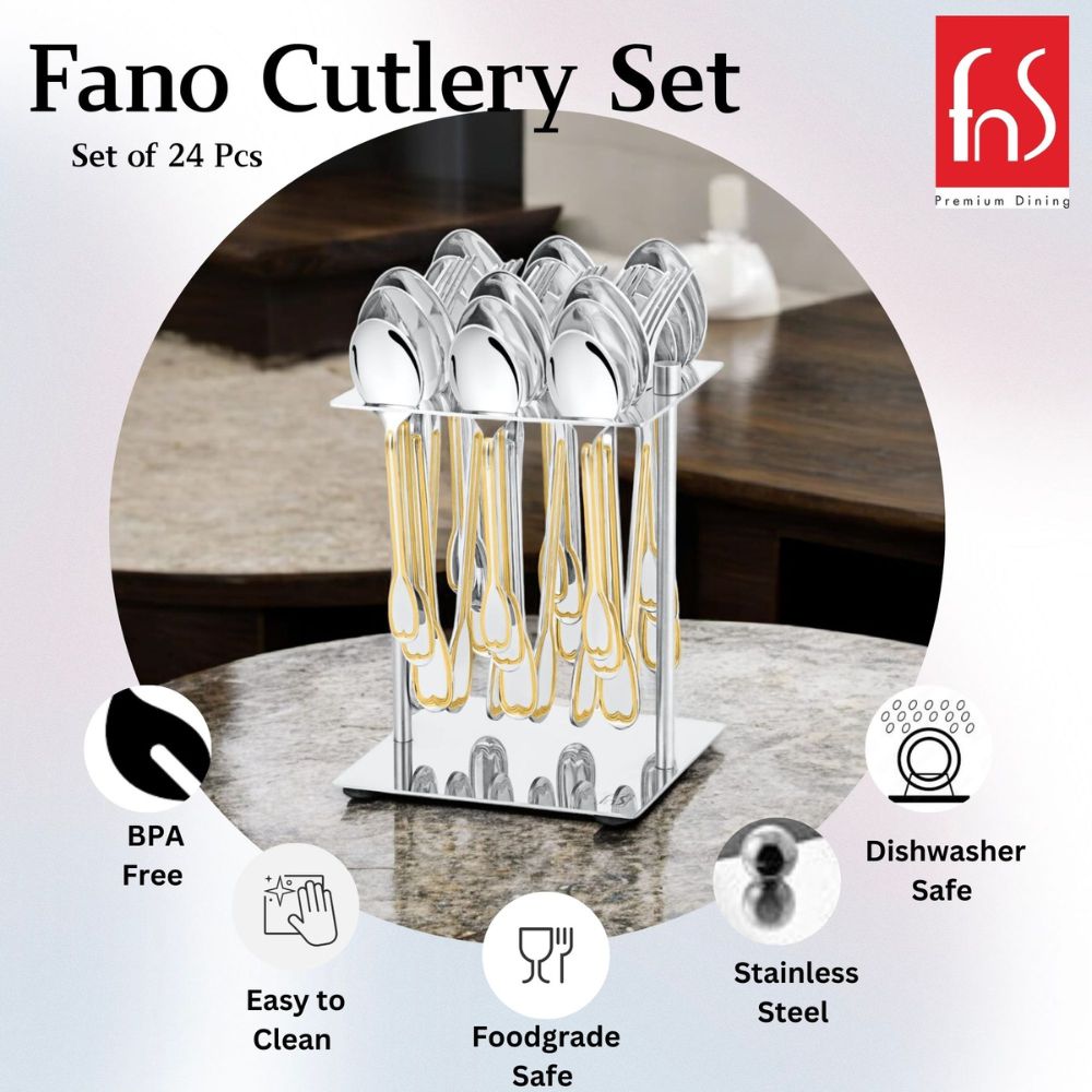 24-piece gold-accented cutlery set in stand, highlighting BPA-free, food-safe, dishwasher-safe stainless steel.