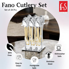24-piece gold-accented cutlery set in stand, highlighting BPA-free, food-safe, dishwasher-safe stainless steel.