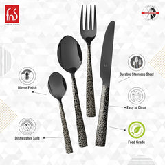 Mirror finish black cutlery set with geometric handles, highlighting durability, dishwasher safety, and food-grade quality.