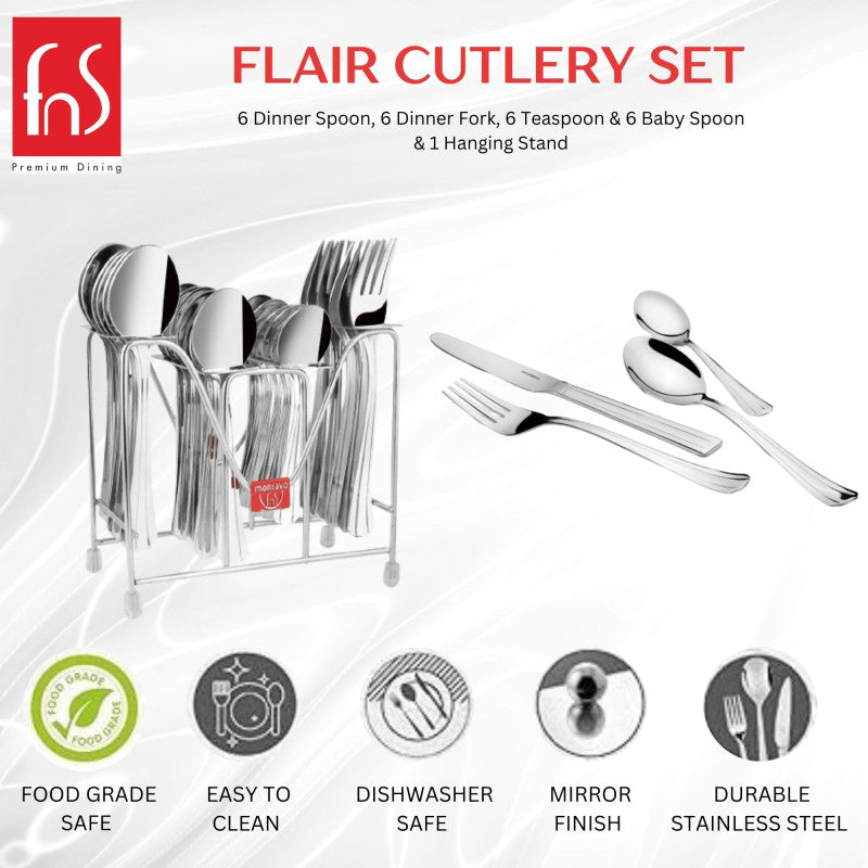 Flair cutlery set with 6 dinner spoons, forks, teaspoons, baby spoons, and hanging stand, stainless steel.