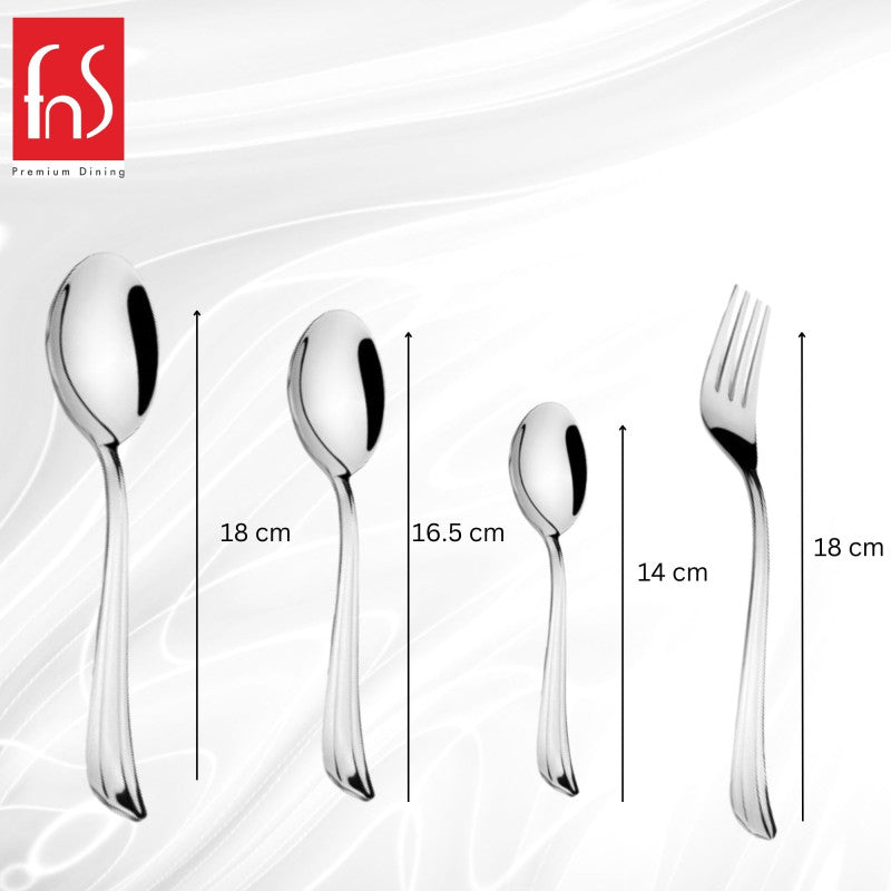 Cutlery size chart showing 18 cm dinner spoon, 16.5 cm teaspoon, 14 cm baby spoon, 18 cm fork.