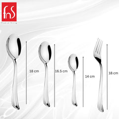 Cutlery size chart showing 18 cm dinner spoon, 16.5 cm teaspoon, 14 cm baby spoon, 18 cm fork.