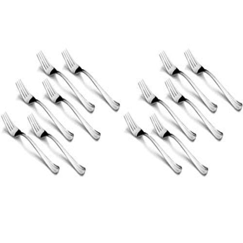 Twelve polished stainless steel dinner forks arranged in two rowsRetry