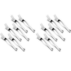 Twelve polished stainless steel dinner forks arranged in two rowsRetry