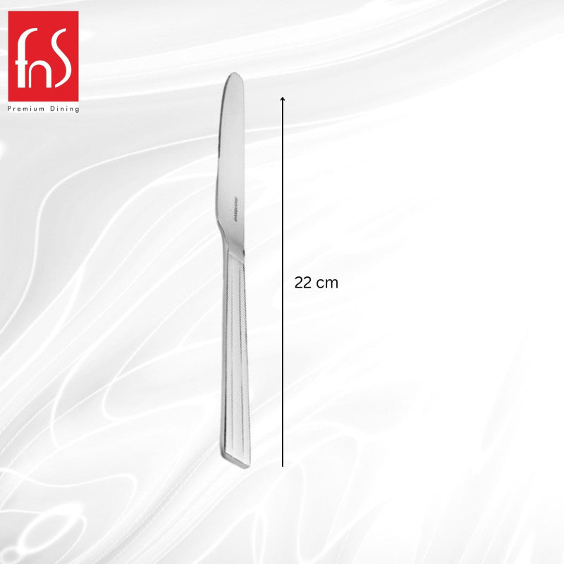 Single FnS Flair stainless steel dinner knife measuring 22 centimeters with distinctive triple-groove handle design displayed vertically with measurement indicator.