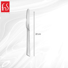 Single FnS Flair stainless steel dinner knife measuring 22 centimeters with distinctive triple-groove handle design displayed vertically with measurement indicator.