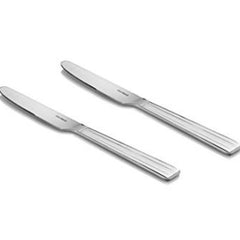 Pair of polished stainless steel Flair dinner knives featuring sleek handles with three parallel linear grooves arranged diagonally on white.