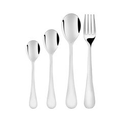 Four polished cutlery pieces with rounded handles aligned upright against a clean white backdrop.