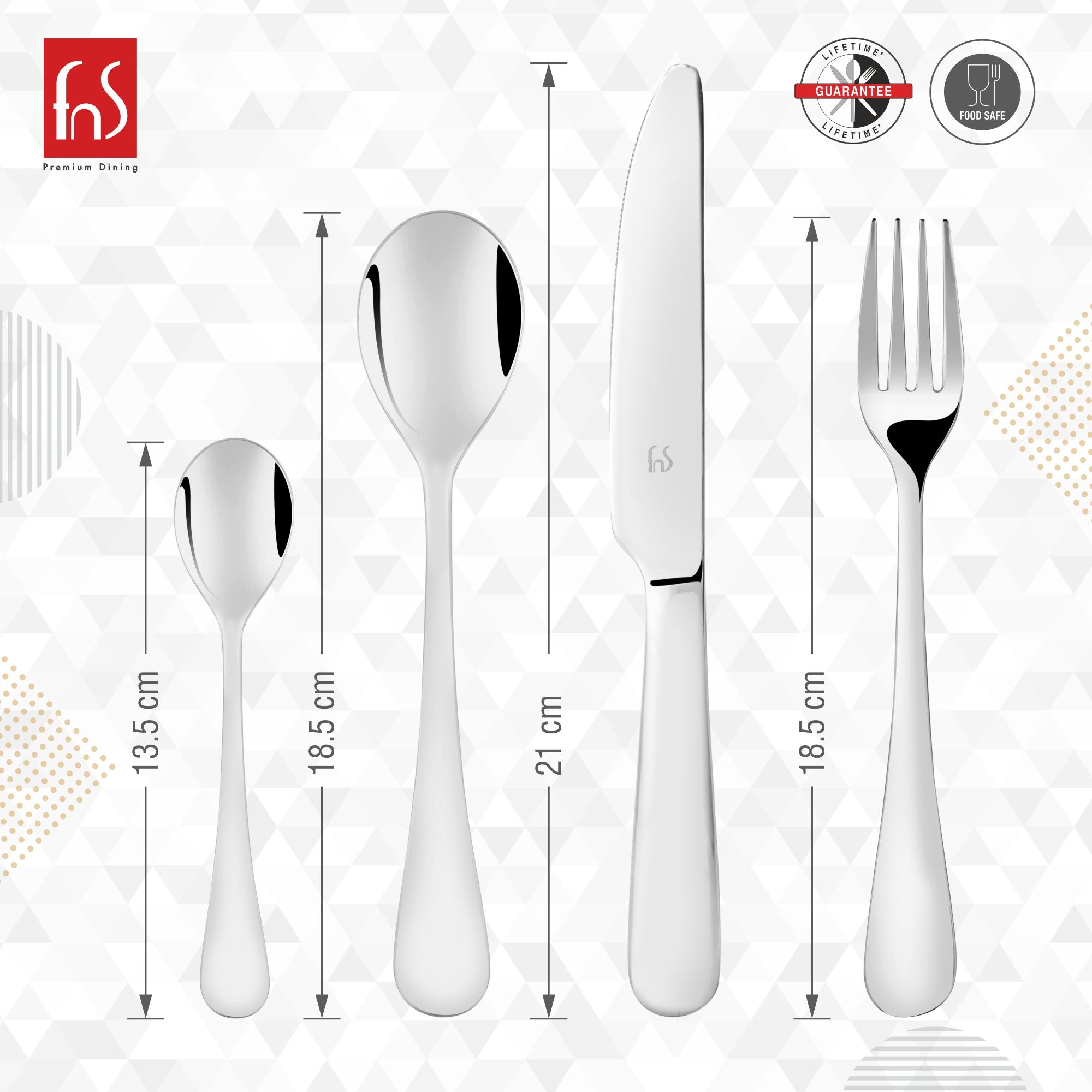 Four-piece stainless steel cutlery set showing precise lengths: teaspoon 13.5cm, spoon 18.5cm, knife 21cm, fork 18.5cm.