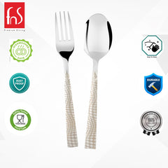 Textured stainless steel fork and spoon labeled dishwasher safe, rust-proof, food safe, and durable.