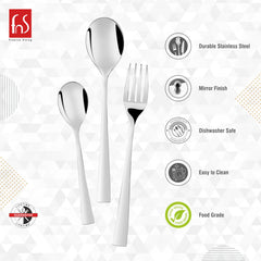 Spoon, fork, teaspoon displayed with icons highlighting stainless steel, mirror finish, dishwasher safe, food grade.