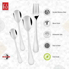 Mirror finish stainless steel cutlery set; durable, dishwasher safe, food grade, and easy to clean.