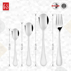 Four plain stainless steel cutlery pieces shown with lengths from 13.5 cm to 18.5 cm.