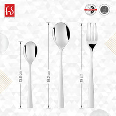 Set of spoon, fork, and teaspoon with precise length measurements against geometric white background.
