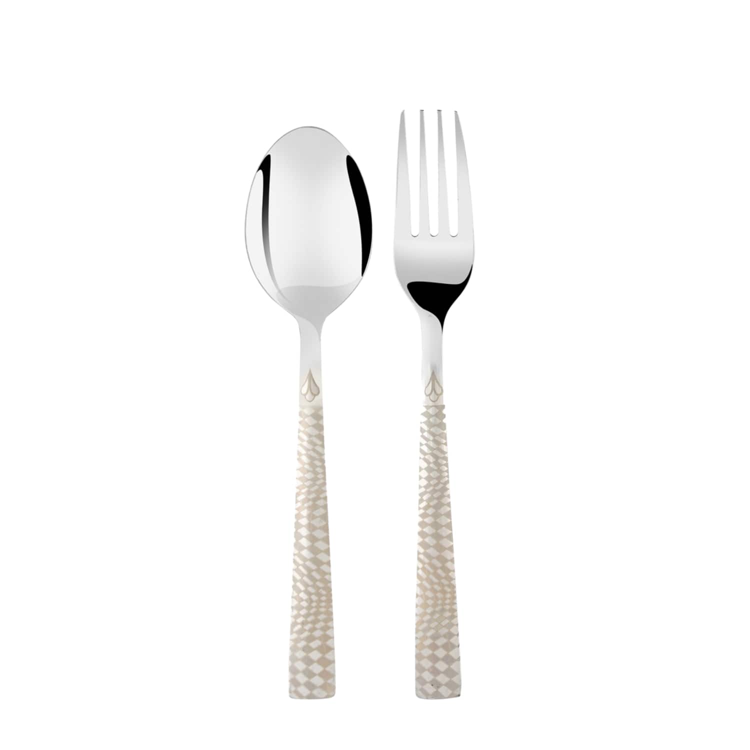 Fork and spoon with diamond-patterned handles displayed upright on clean white background for product showcase.