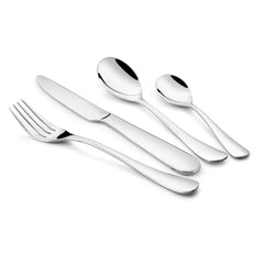 Four-piece stainless steel cutlery set including fork, knife, spoon, and teaspoon on white background.
