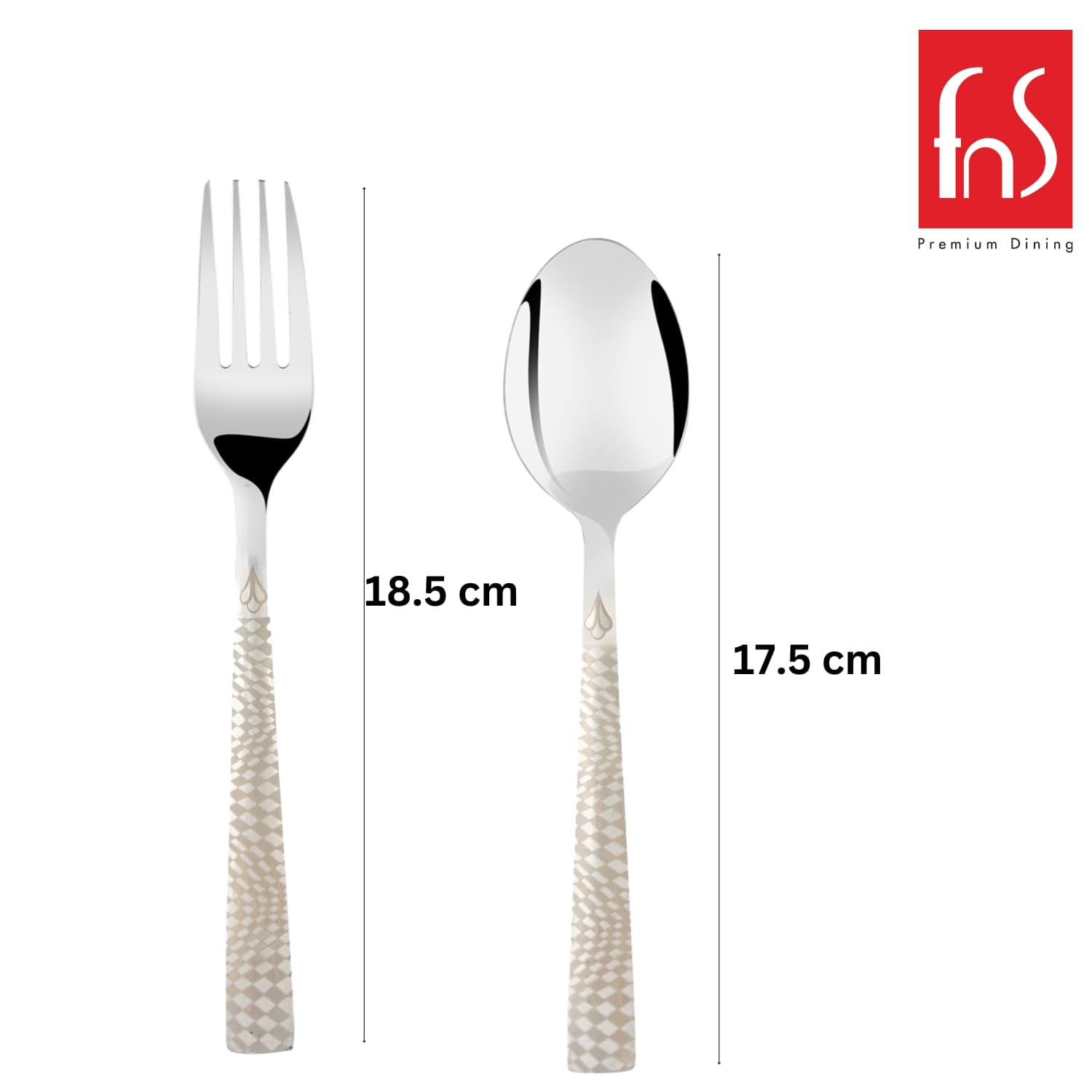Textured-handle fork (18.5 cm) and spoon (17.5 cm) shown with dimensions on white background.
