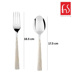 Textured-handle fork (18.5 cm) and spoon (17.5 cm) shown with dimensions on white background.