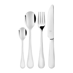 Top view of sleek stainless steel cutlery set with knife, fork, spoon, and teaspoon neatly aligned.