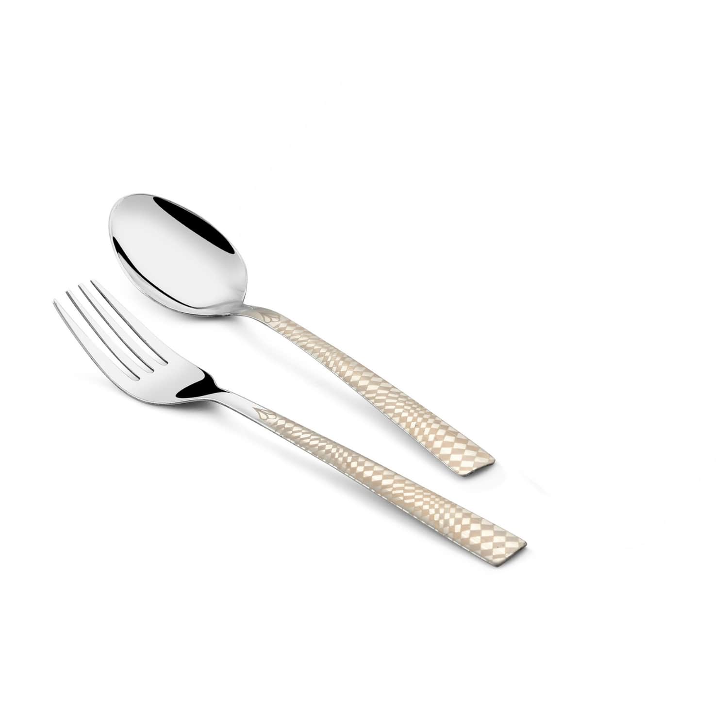 Stylish fork and spoon set with textured ivory handles displayed diagonally on a white background.