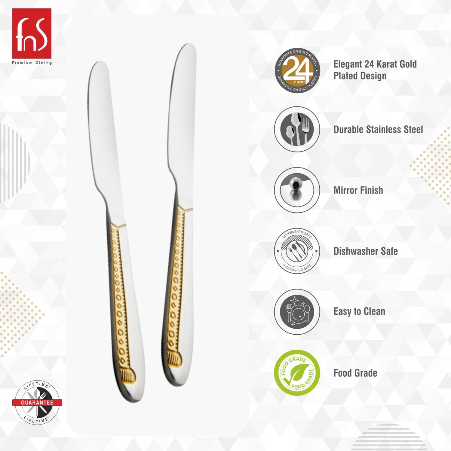 FnS dinner knives highlighting 24-karat gold plated design, durable stainless steel, mirror finish, dishwasher safe, easy clean, and food-grade features.