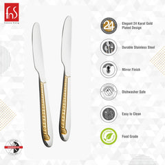 FnS dinner knives highlighting 24-karat gold plated design, durable stainless steel, mirror finish, dishwasher safe, easy clean, and food-grade features.