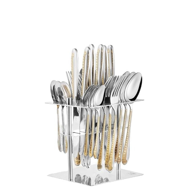 Full Tivoli 24-piece cutlery set neatly arranged on sleek reflective stand with gold-accent handles.