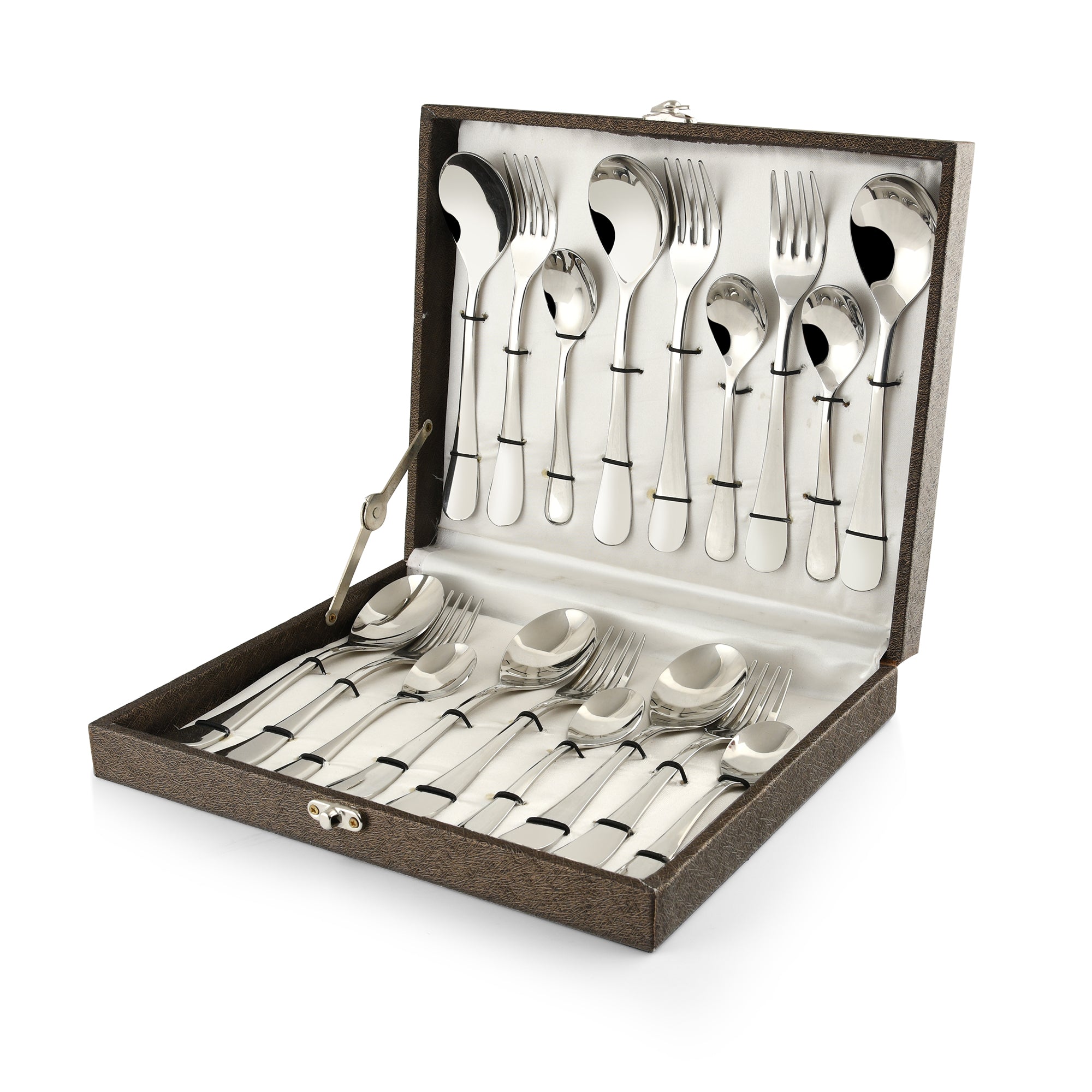 Stainless steel 18-piece cutlery set arranged neatly in elegant white-lined brown gift box.