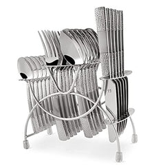 Full cutlery set with textured handles organized neatly in metal stand for storage and display.