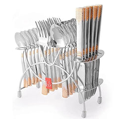Complete gold-patterned stainless steel cutlery set arranged in an elegant silver stand on white backdrop.