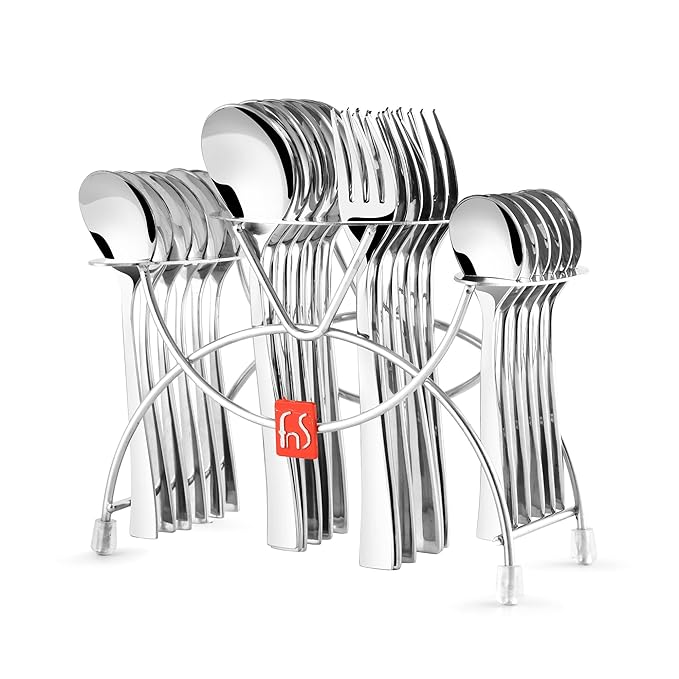 Stainless steel flatware set neatly arranged in a designer rack, shown on a plain white background.