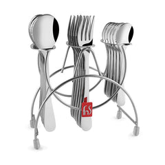 Compact silverware stand holding neatly stacked spoons, forks, and knives against a white background.