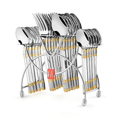 Complete stainless steel cutlery set with golden accents neatly arranged in a chrome stand for display.