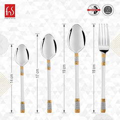 Cutlery set dimensions showing spoon, teaspoon, fork lengths ranging from 14 cm to 19 cm.