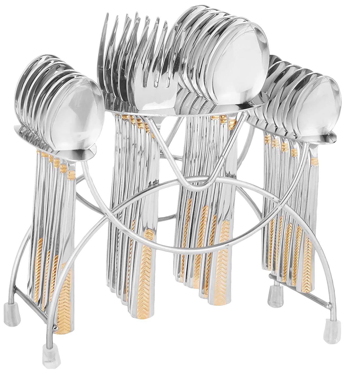 Polished stainless steel cutlery set with gold pattern handles arranged neatly in a metal stand.