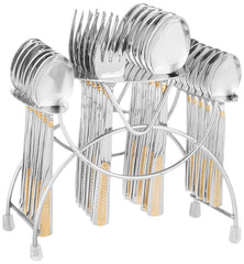Polished stainless steel cutlery set with gold pattern handles arranged neatly in a metal stand.