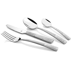 Modern stainless steel knife, fork, dinner spoon, and teaspoon with textured silver handles on white background.