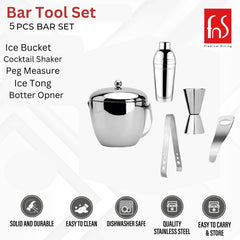 FNS bar tool set features including ice bucket, cocktail shaker, peg measure, ice tong, and bottle opener with quality benefits icons