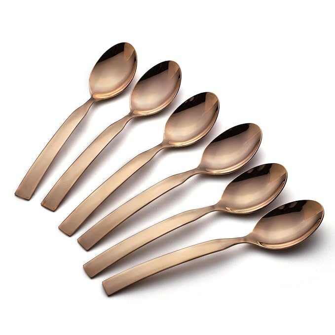 FNS Allie 6-piece rose gold baby spoon set arranged in gradient layout, showcasing stainless steel construction and sophisticated matte finish for premium dining.