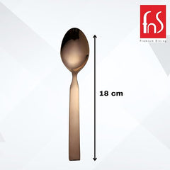 FNS Allie rose gold dinner spoon 18cm dimensions with flat handle design and premium stainless steel construction for modern dining experience.