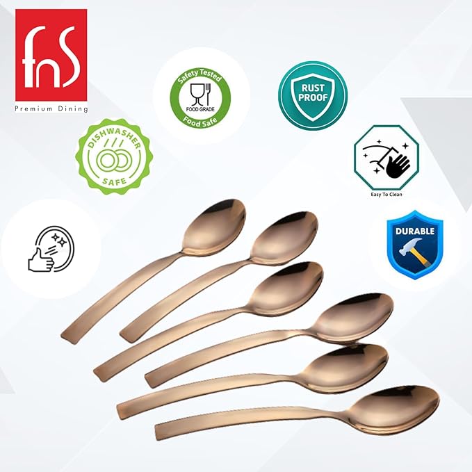FNS Allie rose gold dinner spoon features infographic highlighting dishwasher safe, food safe, rust proof, easy to clean, and durable construction.