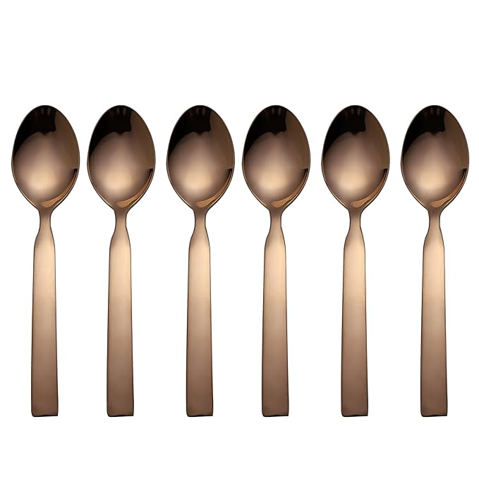 Six-piece FNS Allie rose gold dinner spoon set with flat handles and mirror finish, elegant stainless steel cutlery for contemporary dining.