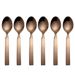 Six-piece FNS Allie rose gold dinner spoon set with flat handles and mirror finish, elegant stainless steel cutlery for contemporary dining.