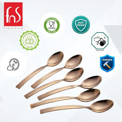 FNS Allie stainless steel rose gold spoon set infographic highlighting dishwasher safe, food grade, rust proof, easy to clean, and durable features.