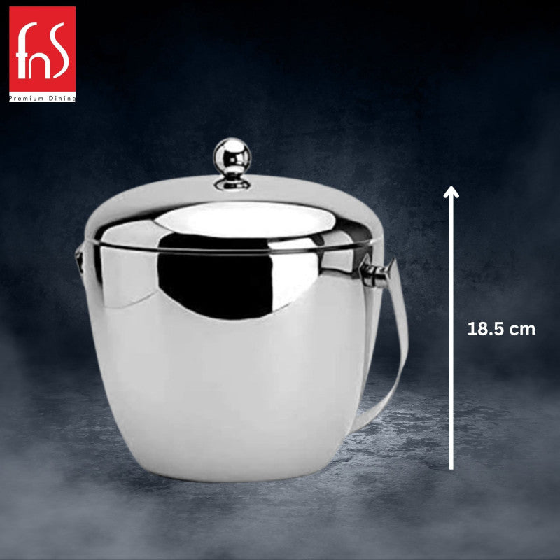 FNS apple-shaped ice bucket with 18.5cm height dimension shown against dark textured background with mirror finish